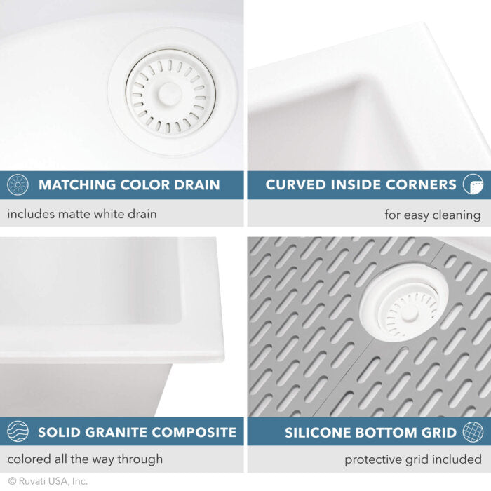 epiStage Model: RVG2306WH Ruvati 33-inch Granite Composite Quartz Workstation Undermount Kitchen Sink Single Bowl Arctic White Matte – RVG2306WH