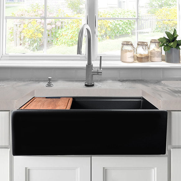 Nantucket Sinks - 33" Fireclay Reversible Workstation Farmhouse Fireclay Sink with Included Accessories Model# T-PS33MB