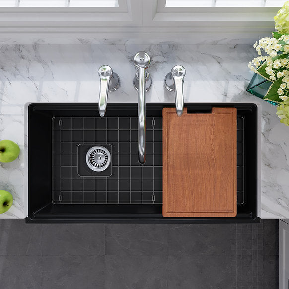 Nantucket Sinks - 36" Fireclay Farmhouse Workstation Single Bowl Kitchen Sink In Matte Black Model# T-PS36MB