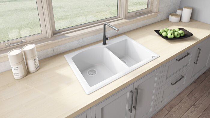 epiGranite Model: RVG1344WH Ruvati 33 x 22 inch epiGranite Drop-in Topmount Granite Composite Quartz Double Bowl Kitchen Sink – Arctic White Matte – RVG1344WH