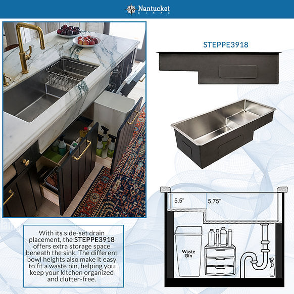 Nantucket Sinks - 39" Undermount Stainless Steel Kitchen Sink with Raised Platform Shelf Model# STEPPE3918