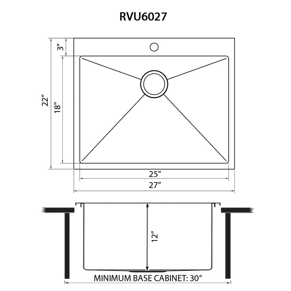 Forma Pro Ruvati Top Mount Laundry Utility Sink 27" x 22" x 12" Rounded Corners Deep 16 Gauge Stainless Steel – Model# RVU6027