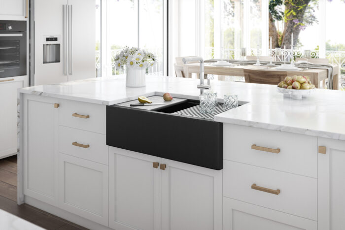 epiCast Ruvati 33" Matte Black Granite Farmhouse Workstation Apron-front Composite Kitchen Sink – Model# RVG1533BK