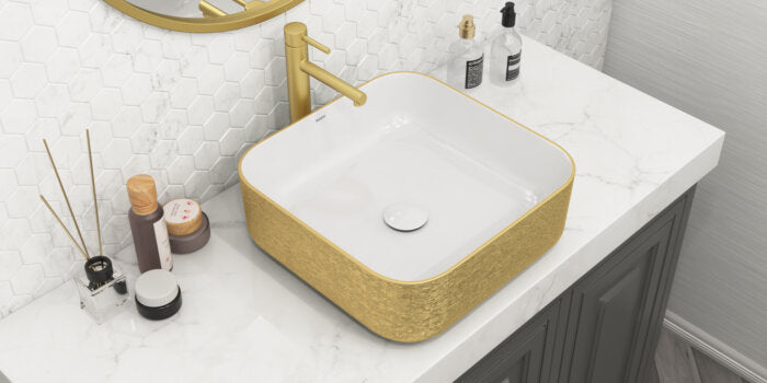 Pietra Model: RVB1414WG Ruvati 15 x 15 inch Bathroom Vessel Sink Gold Decorative Art Above Vanity Counter White Ceramic – RVB1414WG