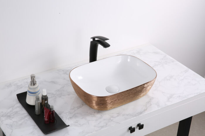 Pietra Ruvati 20" x 16" Bathroom Vessel Sink Rose Gold Decorative Art Above Vanity Counter White Porcelain Ceramic – Model# RVB2016WR