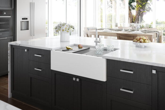 epiCast Ruvati 33-inch Matte White Granite Farmhouse Workstation Apron-front Composite Kitchen Sink – Model# RVG1533WH