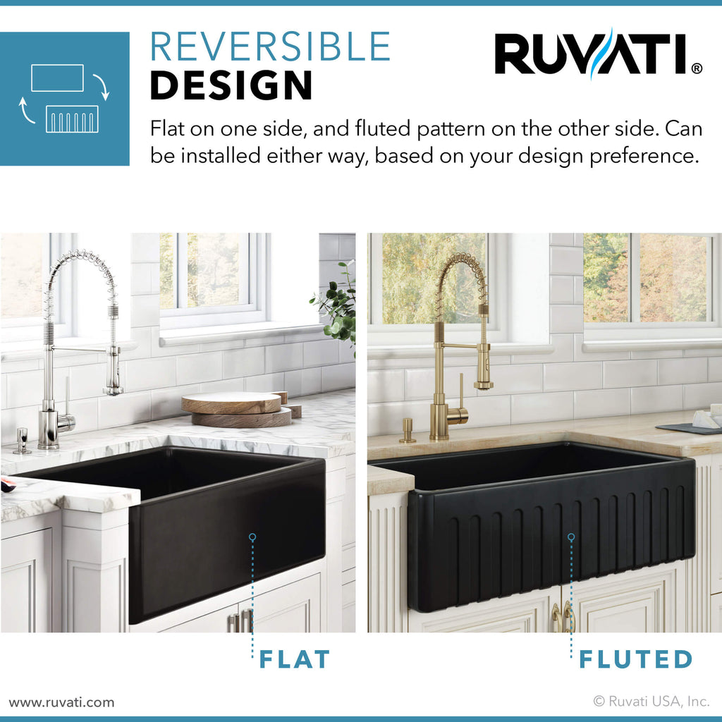 Fiamma Ruvati 33" x 20" Fireclay Reversible Farmhouse Apron-Front Kitchen Sink Single Bowl – Glossy Black – Model# RVL2300BK