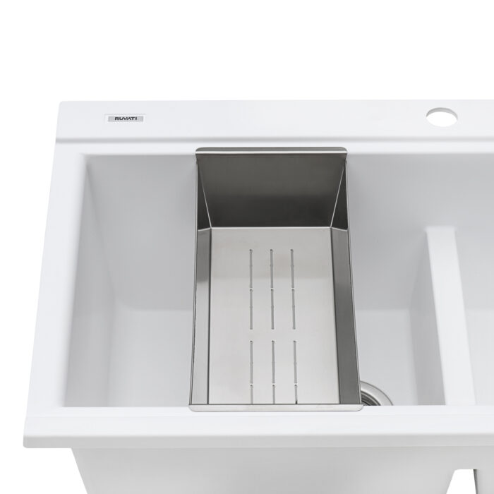 epiGranite Model: RVG1350WH Ruvati 34 inch epiGranite Drop-in Topmount Workstation Ledge Granite Composite Quartz Kitchen Sink – Arctic White Matte – RVG1350WH