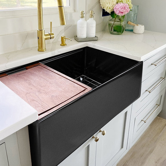 Nantucket Sinks - 30" Fireclay Reversible Workstation Farmhouse Fireclay Sink with Offset Drain and Accessories Model# T-PS30MB