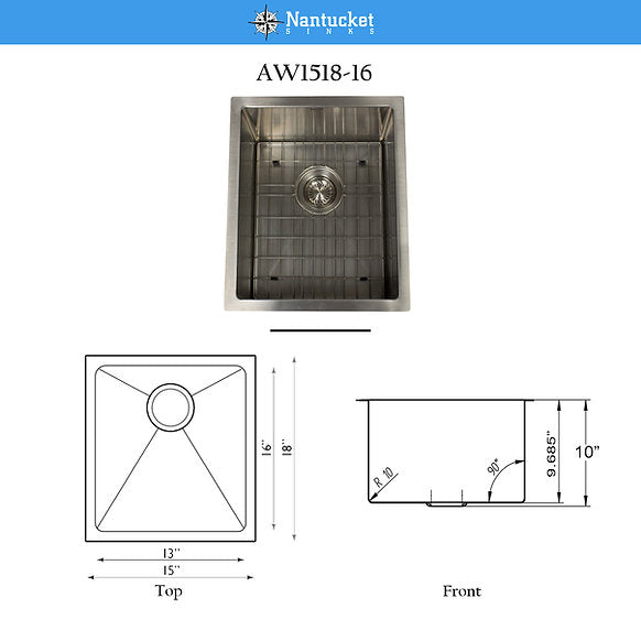Nantucket Sinks - 15" Outdoor Use Stainless Steel Undermount Bar/Prep Sink Model# AW1518-16