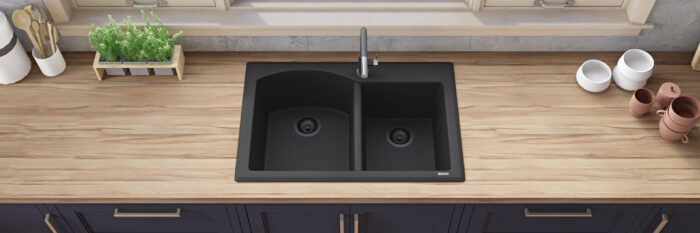 epiGranite Model: RVG1344BK Ruvati 33 x 22 inch epiGranite Drop-in Topmount Granite Composite Quartz Double Bowl Kitchen Sink – Midnight Black – RVG1344BK