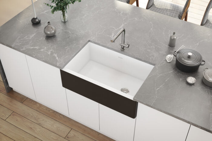 Fiamma Model: RVL4018RBW Ruvati Black and White 30-inch Fireclay Farmhouse Offset Drain Kitchen Sink Single Bowl – RVL4018RBW