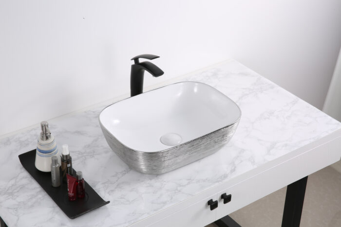 Pietra Ruvati 20" x 16" Bathroom Vessel Sink Silver Decorative Art Above Vanity Counter White Ceramic – Model# RVB2016WS