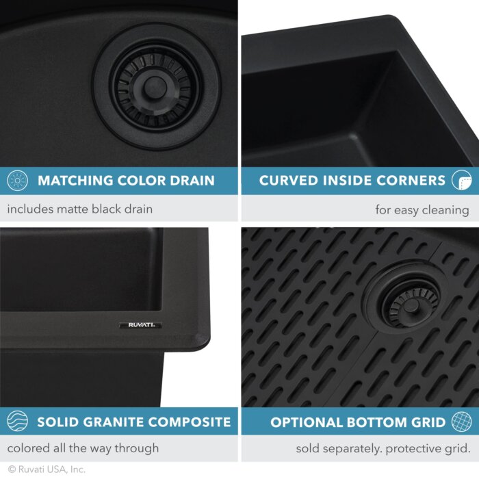 epiStage Model: RVG2306BK Ruvati 33-inch Undermount Workstation Granite Composite Quartz Kitchen Sink Matte Black – RVG2306BK