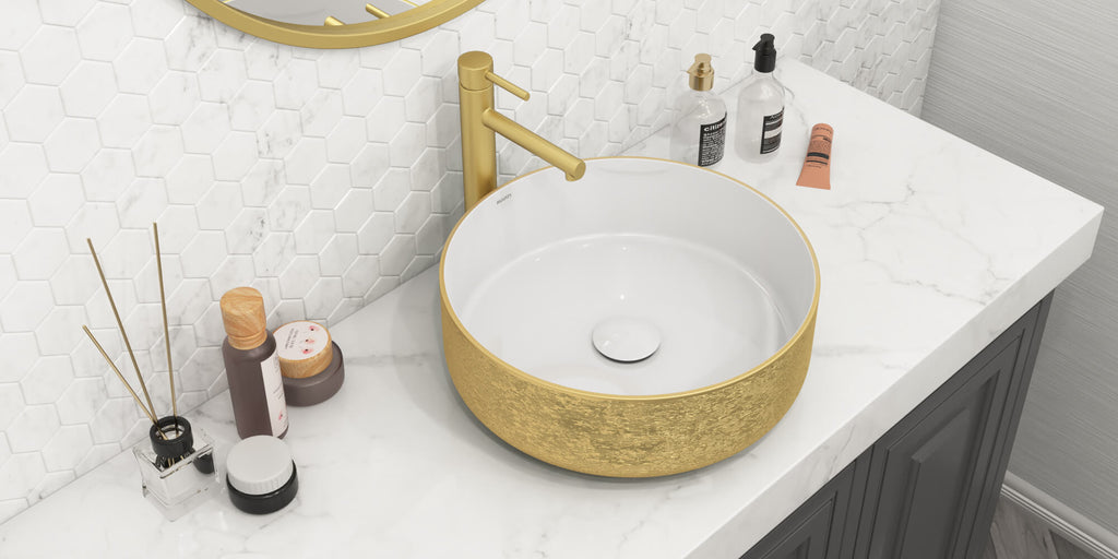 Pietra Ruvati 14" Bathroom Vessel Sink Round Gold Decorative Art Above Vanity Counter White Ceramic – Model# RVB0314WG
