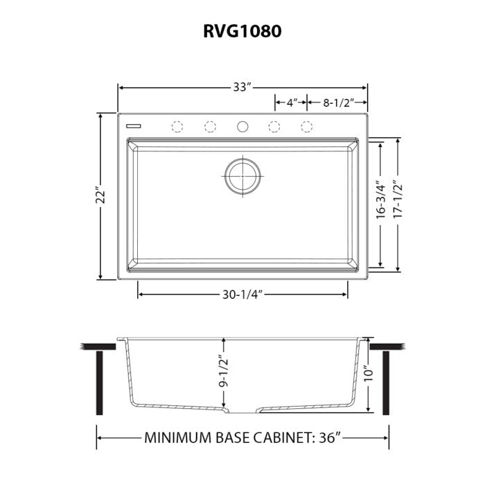 epiGranite Model: RVG1080UG Ruvati 33 x 22 inch epiGranite Drop-in Topmount Granite Composite Quartz Single Bowl Kitchen Sink – Urban Gray – RVG1080UG