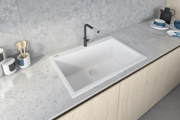 epiGranite Model: RVG1030WH Ruvati 30 x 20 inch epiGranite Drop-in Topmount Granite Composite Quartz Single Bowl Kitchen Sink – Arctic White Matte – RVG1030WH