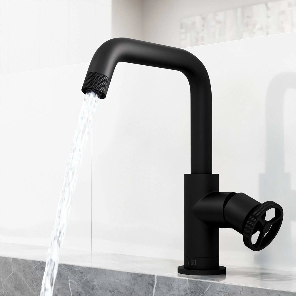 VIGO - Cass Single Hole Bathroom Faucet with Knurled Wheel Handle In Matte Black Model# VG01047MB