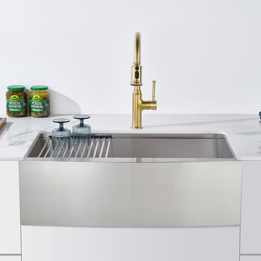 Oakland 30″ Workstation Farmhouse Kitchen Sink 90 Degree Square with Curved Front in Stainless Steel Model# WSF302110SS