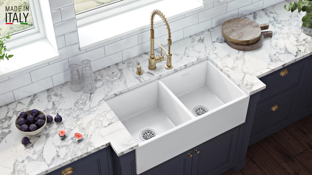 Fiamma Model: RVL2311WH Ruvati 33 x 18 inch Fireclay Farmhouse Apron-Front Kitchen Sink Double Bowl – White – RVL2311WH