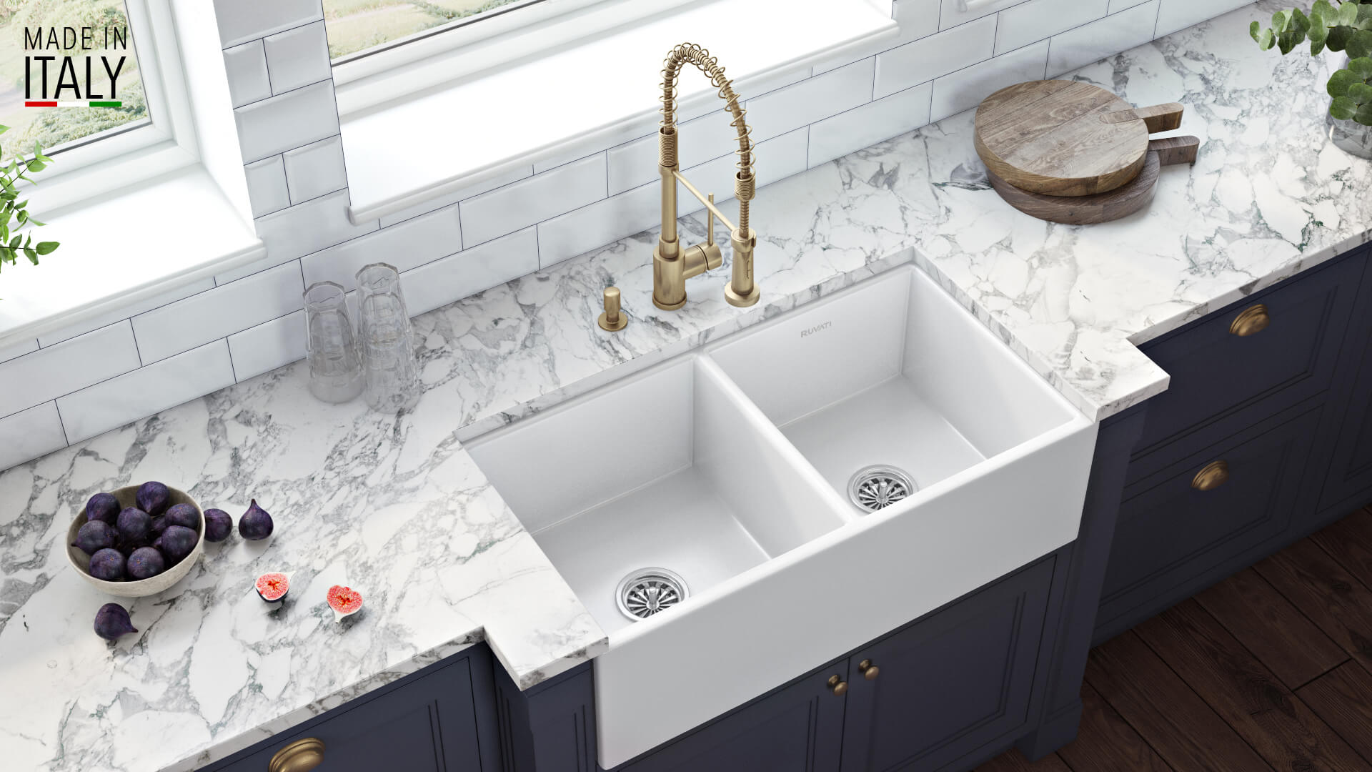 Fiamma Model: RVL2311WH Ruvati 33 x 18 inch Fireclay Farmhouse Apron-Front Kitchen Sink Double Bowl – White – RVL2311WH