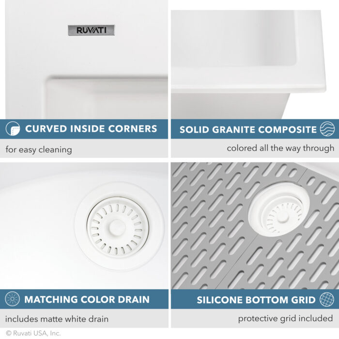 epiGranite Model: RVG1080WH Ruvati 33 x 22 inch epiGranite Drop-in Topmount Granite Composite Quartz Single Bowl Kitchen Sink – Arctic White Matte – RVG1080WH