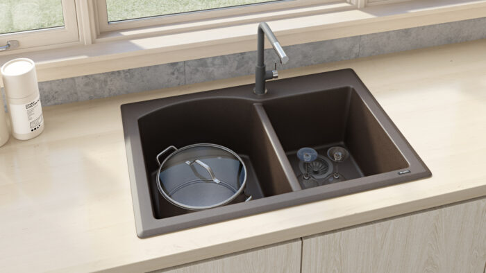 epiGranite Model: RVG1344ES Ruvati 33 x 22 inch epiGranite Drop-in Topmount Granite Composite Quartz Double Bowl Kitchen Sink – Espresso Brown – RVG1344ES