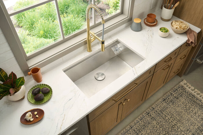 Seneca Model: RVF1233SG Ruvati Seneca Brushed Gold Single Handle Pull Down Kitchen Faucet Tall High Arc Commercial with Pre-Rinse Sprayer – RVF1233SG