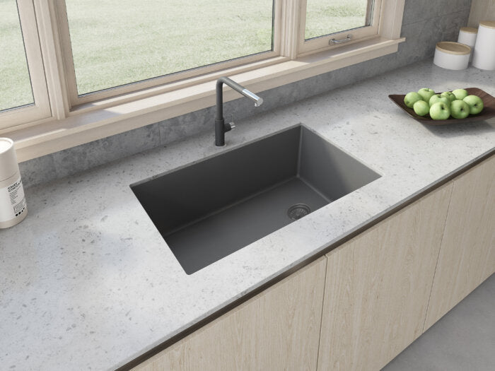 epiGranite Model: RVG2033UG Ruvati 32 x 19 inch epiGranite Undermount Granite Composite Quartz Single Bowl Kitchen Sink – Urban Gray – RVG2033UG
