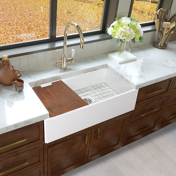 Nantucket Sinks - 33" Fireclay Reversible Workstation Farmhouse Fireclay Sink with Included Accessories Model# T-PS33W