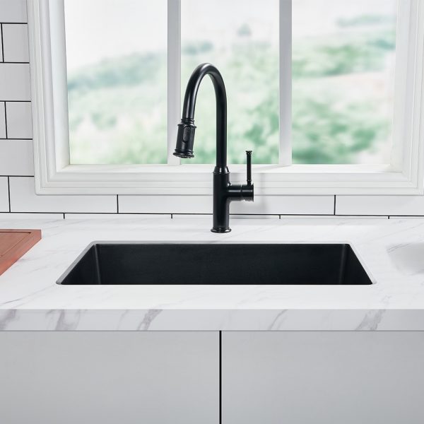 Oakland 27″ Undermount Granite Composite Single Bowl Kitchen Sink In Black Model# KGU27189BK