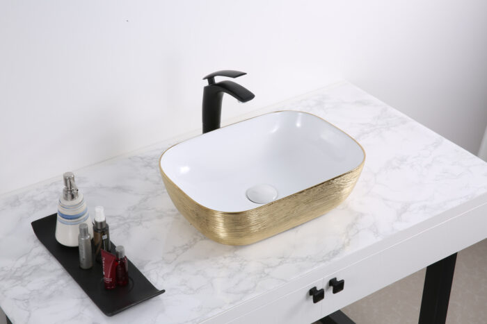 Pietra Ruvati 20" x 16" Bathroom Vessel Sink Gold Decorative Art Above Vanity Counter White Ceramic – Model# RVB2016WG