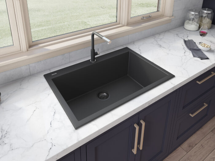 epiGranite Model: RVG1030BK Ruvati 30 x 20 inch epiGranite Drop-in Topmount Granite Composite Quartz Single Bowl Kitchen Sink – Midnight Black – RVG1030BK