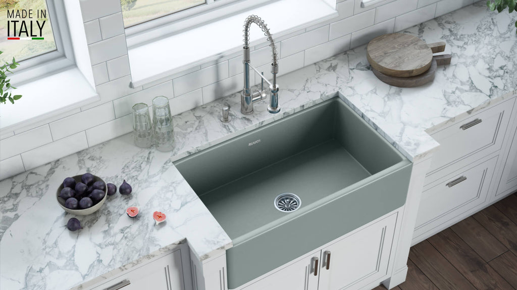 Fiamma Ruvati 33"x 20" Fireclay Reversible Farmhouse Apron-Front Kitchen Sink Single Bowl – Horizon Gray – Model# RVL2300GR