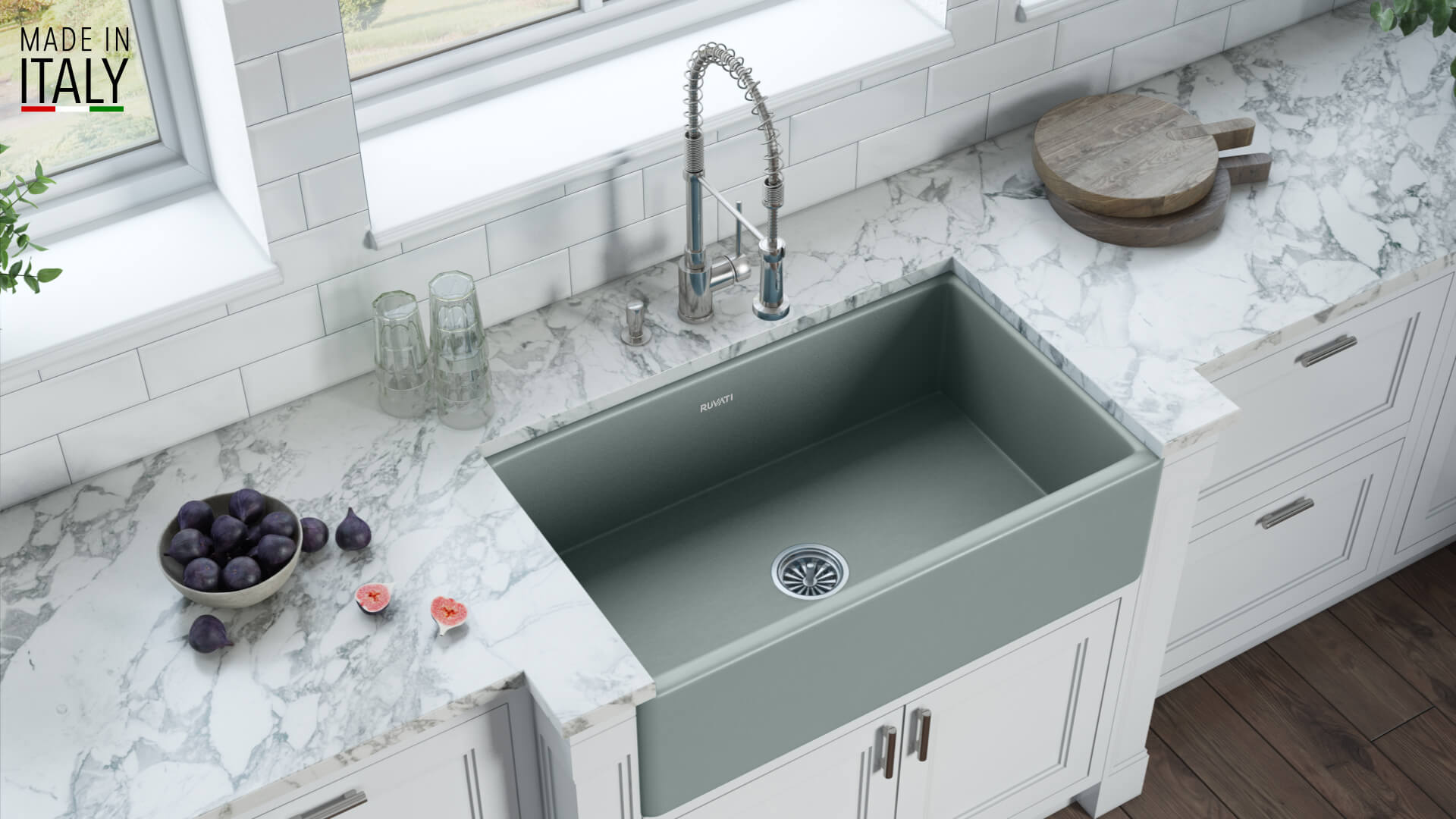 Fiamma Ruvati 33"x 20" Fireclay Reversible Farmhouse Apron-Front Kitchen Sink Single Bowl – Horizon Gray – Model# RVL2300GR