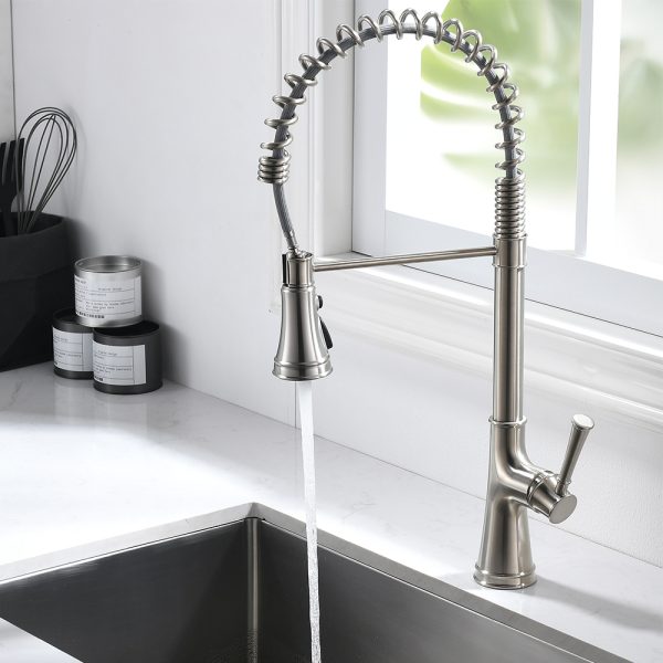 Single Handle 1 Hole Pull-Down Kitchen Faucet with Spring in Brushed Nickel Model# KSK1133BN