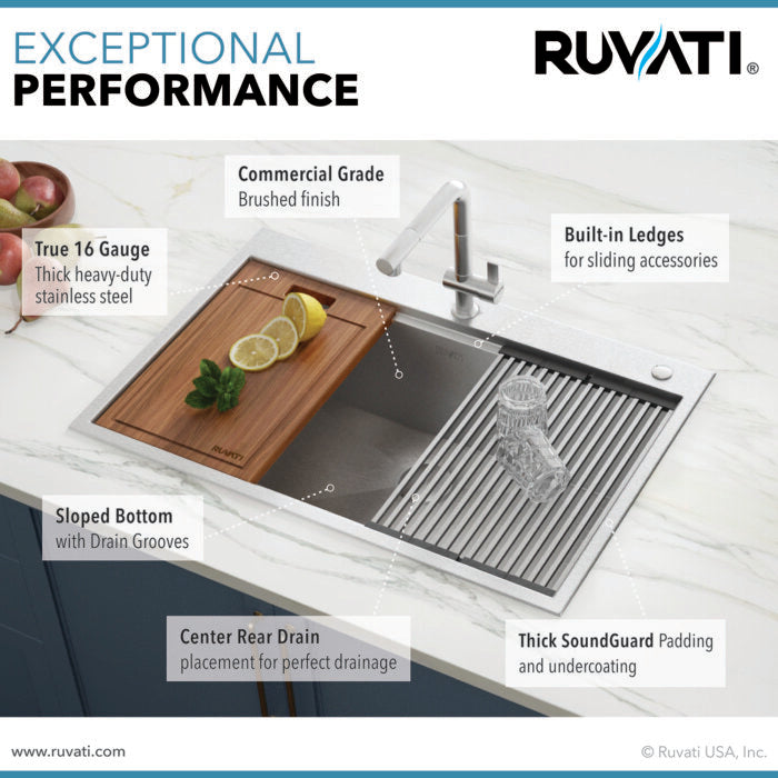Siena Ruvati 30 x 22 inch Workstation Drop-in Topmount Rounded Corners 16 Gauge Ledge Stainless Steel Kitchen Sink Single Bowl – Model # RVH8030