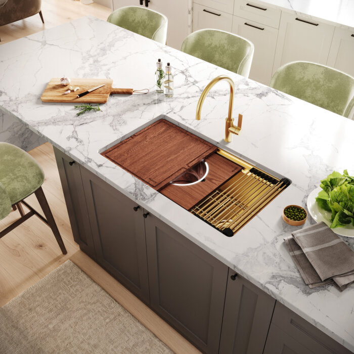 Dual-Tier Pro Ruvati 33-inch Matte Gold Stainless Steel Workstation Two-Tiered Ledge Undermount Kitchen Sink – Model# RVH6222GG