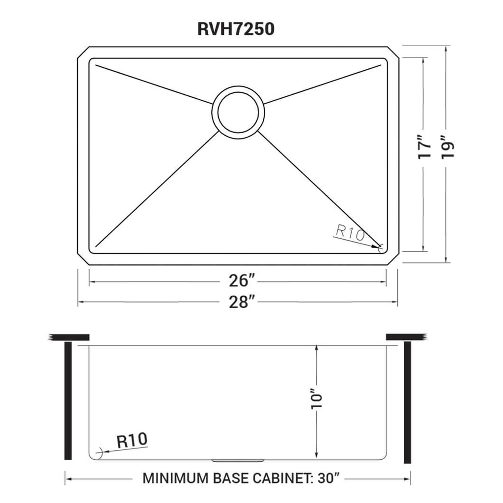 Gravena Model: RVH7250 Ruvati 28-inch Undermount 16 Gauge Stainless Steel Kitchen Sink Rounded Corners Single Bowl – Model# RVH7250