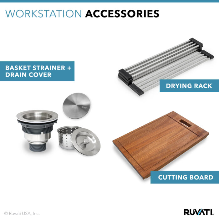 Verona Ruvati 24-inch Apron-front Workstation Farmhouse Kitchen Sink 16 Gauge Stainless Steel Single Bowl – Model # RVH9020