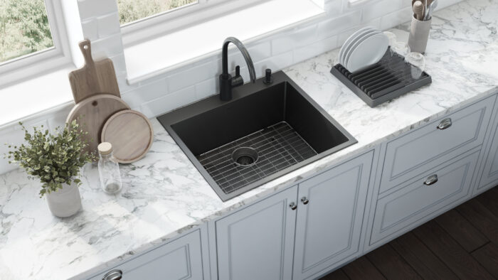 Terraza  Ruvati 25"Gunmetal Black Stainless Steel Drop-in Topmount Kitchen Sink Single Bowl – Model# RVH5007BL