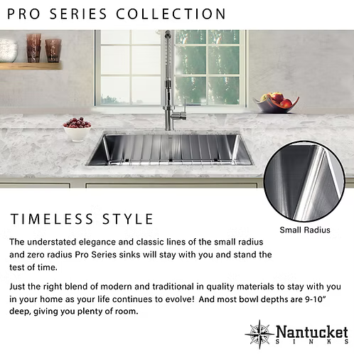 Nantucket Sinks Pro Series Rectangle Single Bowl Undermount Small Radius Corners Stainless Steel Kitchen Sink Model# SR2318-16
