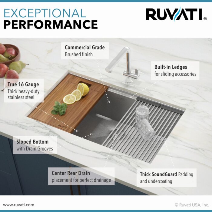 Roma Pro Ruvati 32-inch Workstation Ledge Rounded Corners Undermount 16 Gauge Kitchen Sink Single Bowl – Model # RVH8301