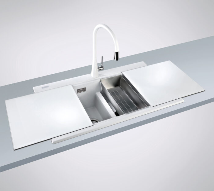 epiGranite Model: RVG1350WH Ruvati 34 inch epiGranite Drop-in Topmount Workstation Ledge Granite Composite Quartz Kitchen Sink – Arctic White Matte – RVG1350WH