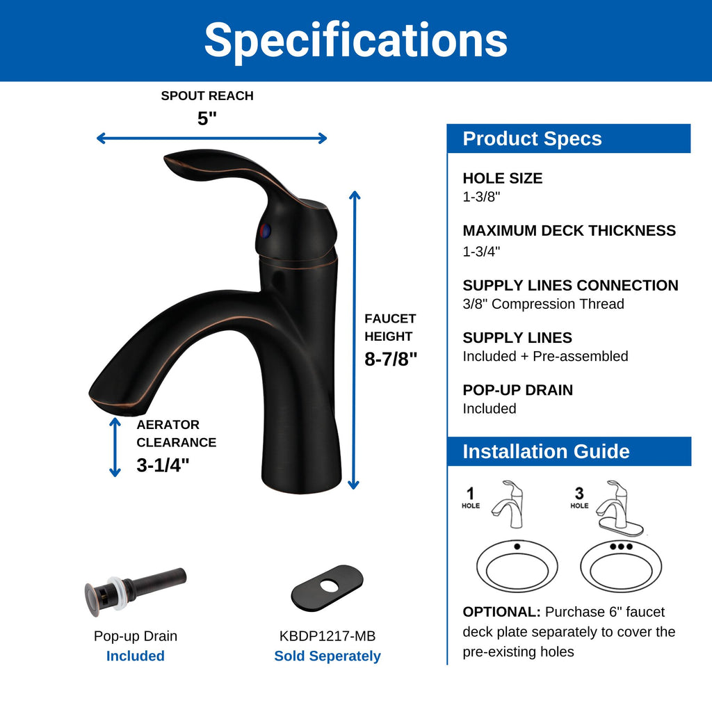 Oakland Single Handle Bathroom Sink Faucet with Pop Up Drain in Oil Rubbed Bronze Model# KSB1106RB