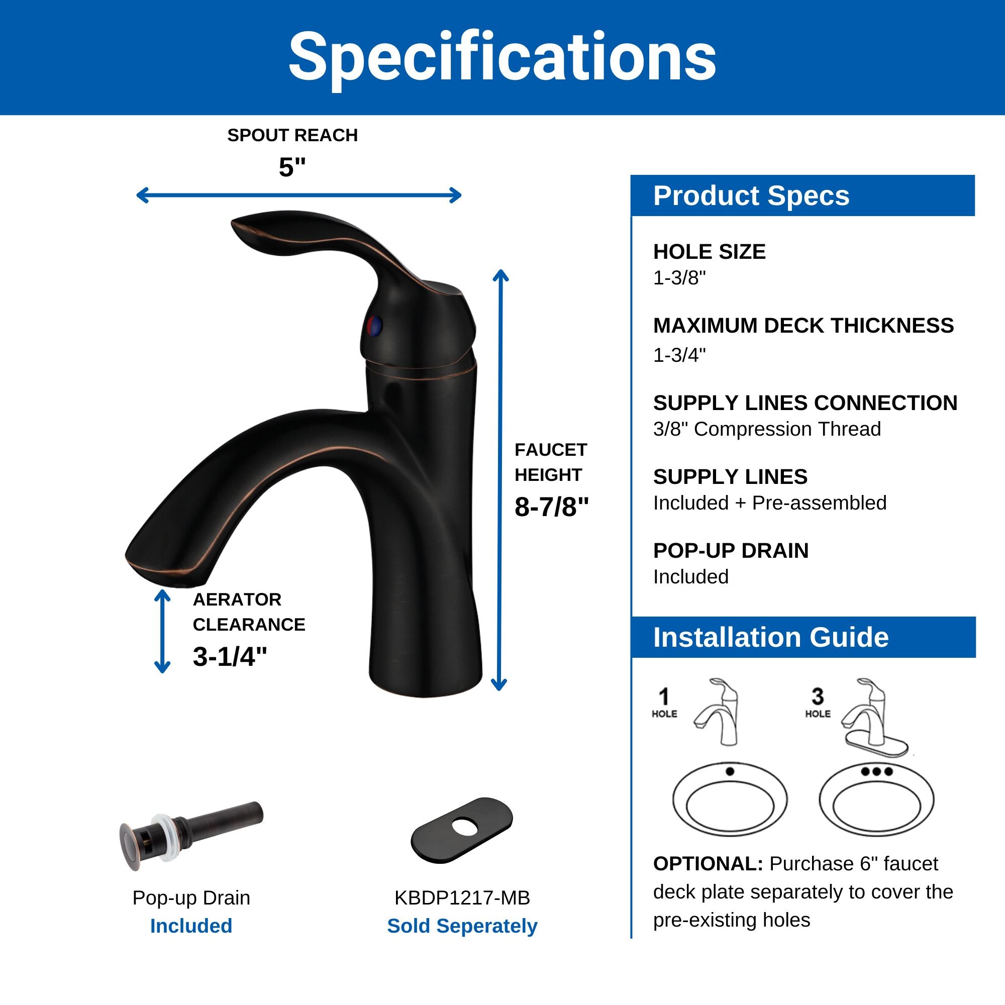 Oakland Single Handle Bathroom Sink Faucet with Pop Up Drain in Oil Rubbed Bronze Model# KSB1106RB