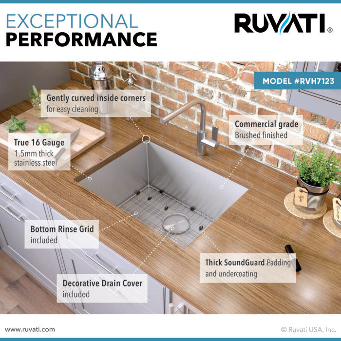 Gravena Ruvati 23-inch Undermount Stainless Steel Kitchen Sink 16 Gauge Rounded Corners Single Bowl – Model# RVH7123