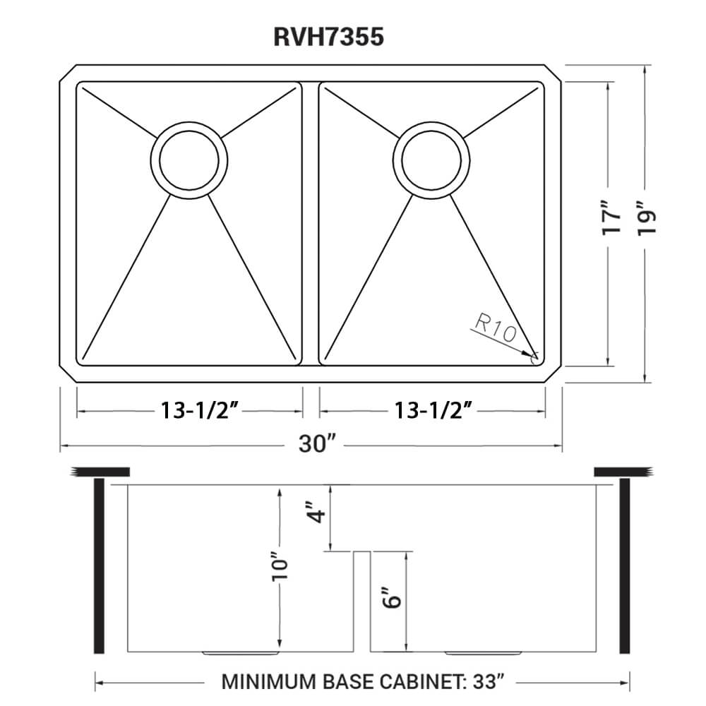 Urbana Model: RVH7355 Ruvati 30-inch Low-Divide Undermount Rounded Corners 50/50 Double Bowl 16 Gauge Stainless Steel Kitchen Sink – Model# RVH7355