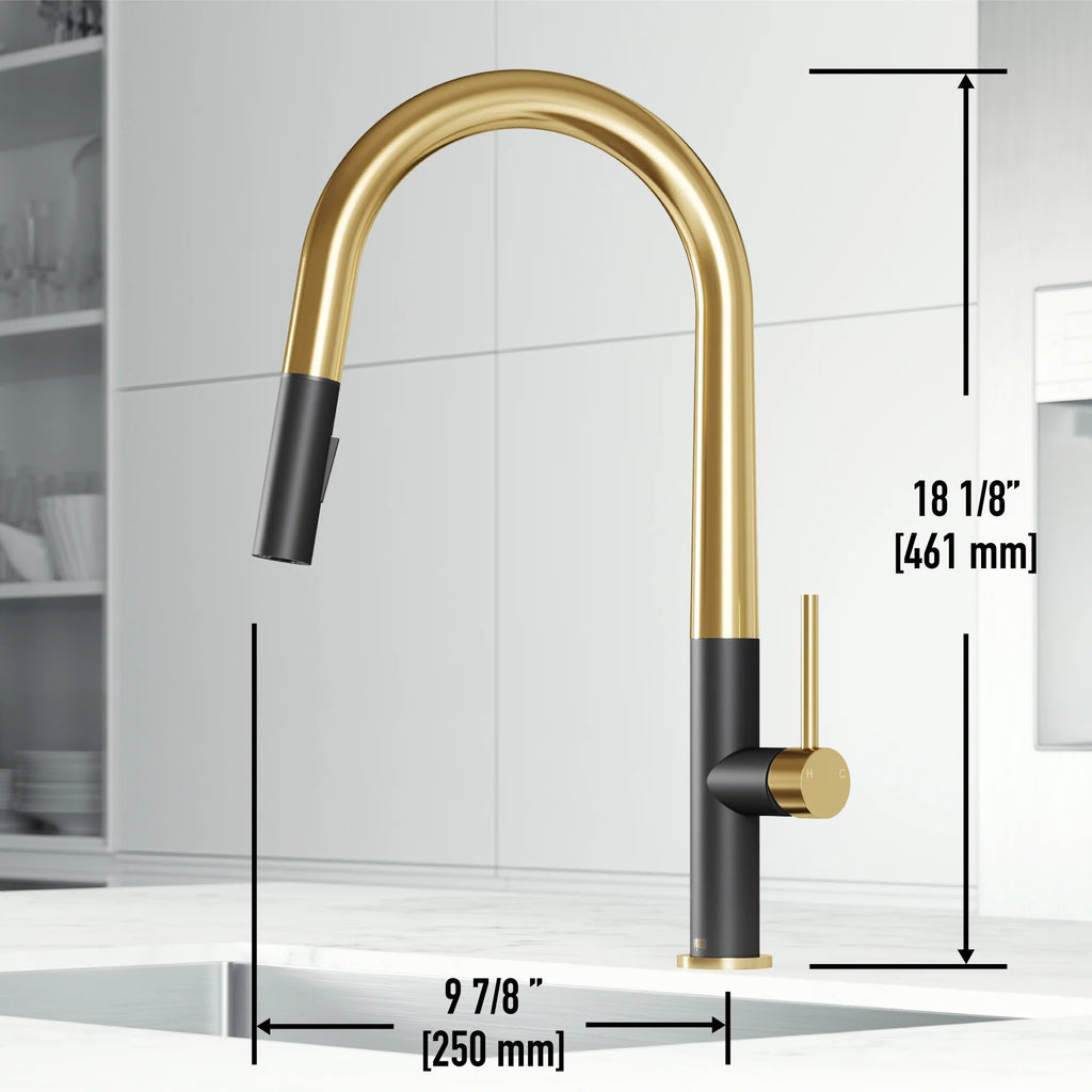 VIGO - Greenwich 18 in. Single Handle Pull-Down Kitchen Faucet In Primary Matte Brushed Gold/Matte Black Finish Model# VG02029SMBMGG