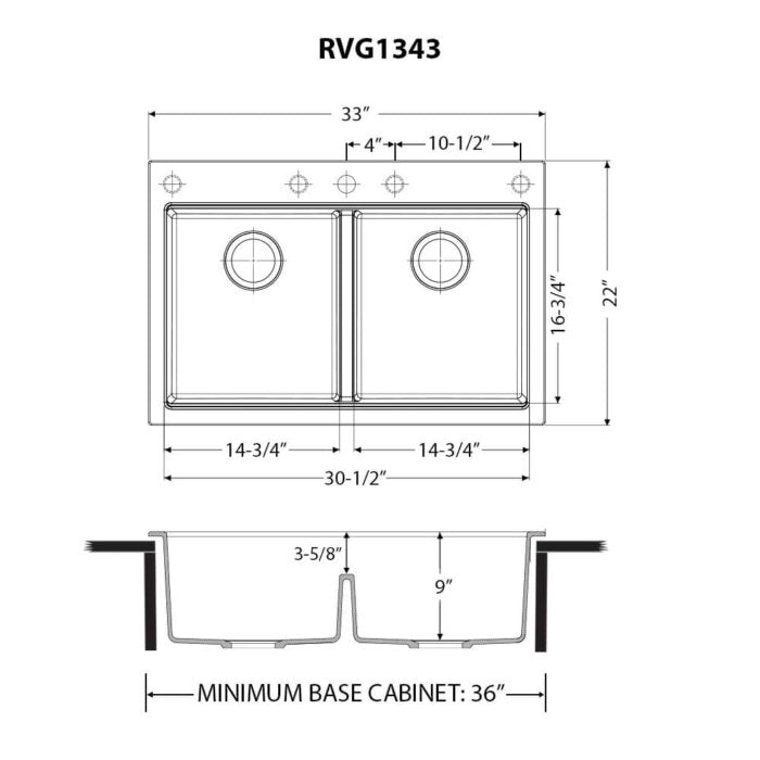 Ruvati 33-inch epiStage Drop-in Topmount Workstation Granite Composite Kitchen Sink 50/50 Double Bowl - Midnight Black - Model# RVG1343BK